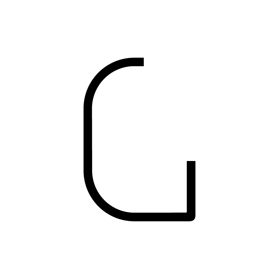 Artemide Alphabet of Light: lettera maiuscola G in linee nere in grassetto su sfondo bianco, elemento di design luminoso modulare