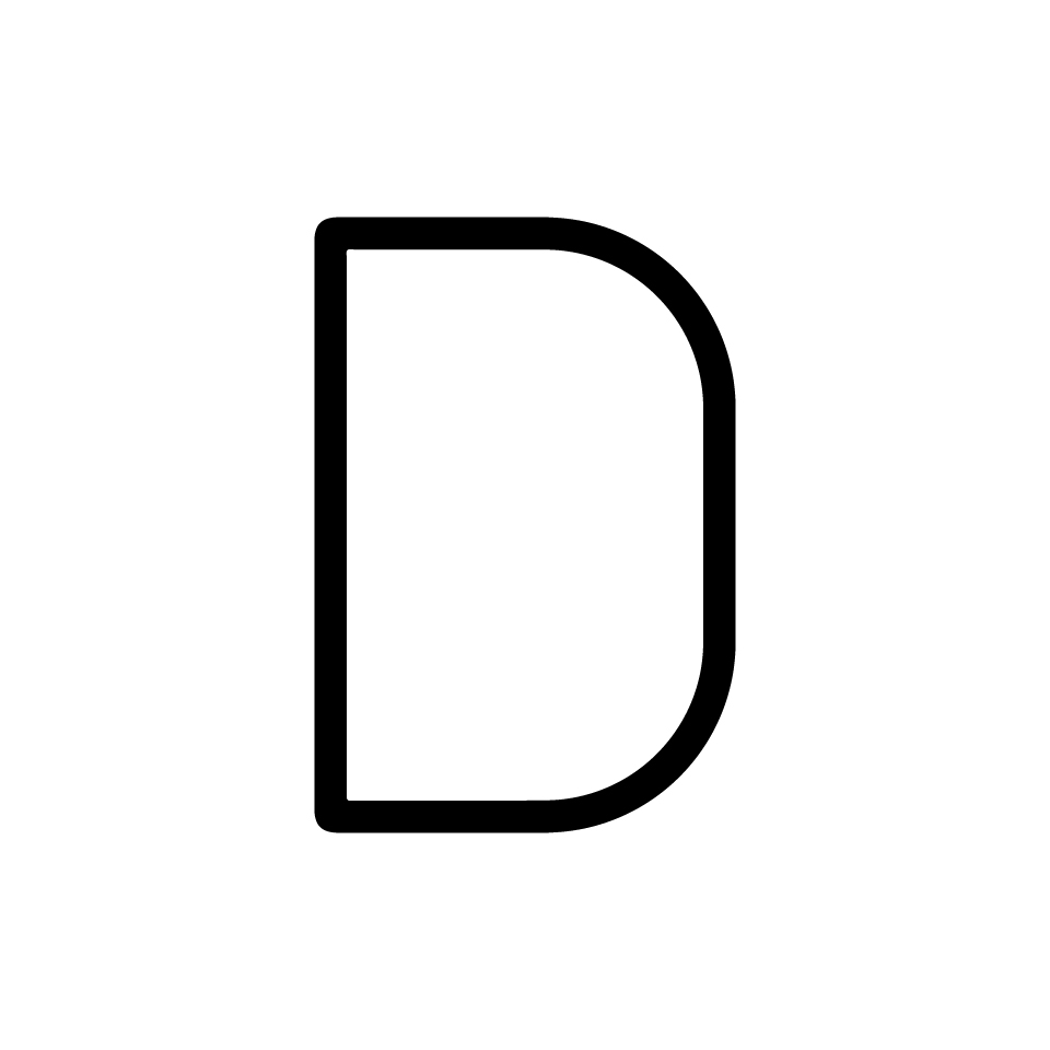 Artemide Alphabet of Light: lettera maiuscola D, resa come contorno in grassetto nero su sfondo bianco.