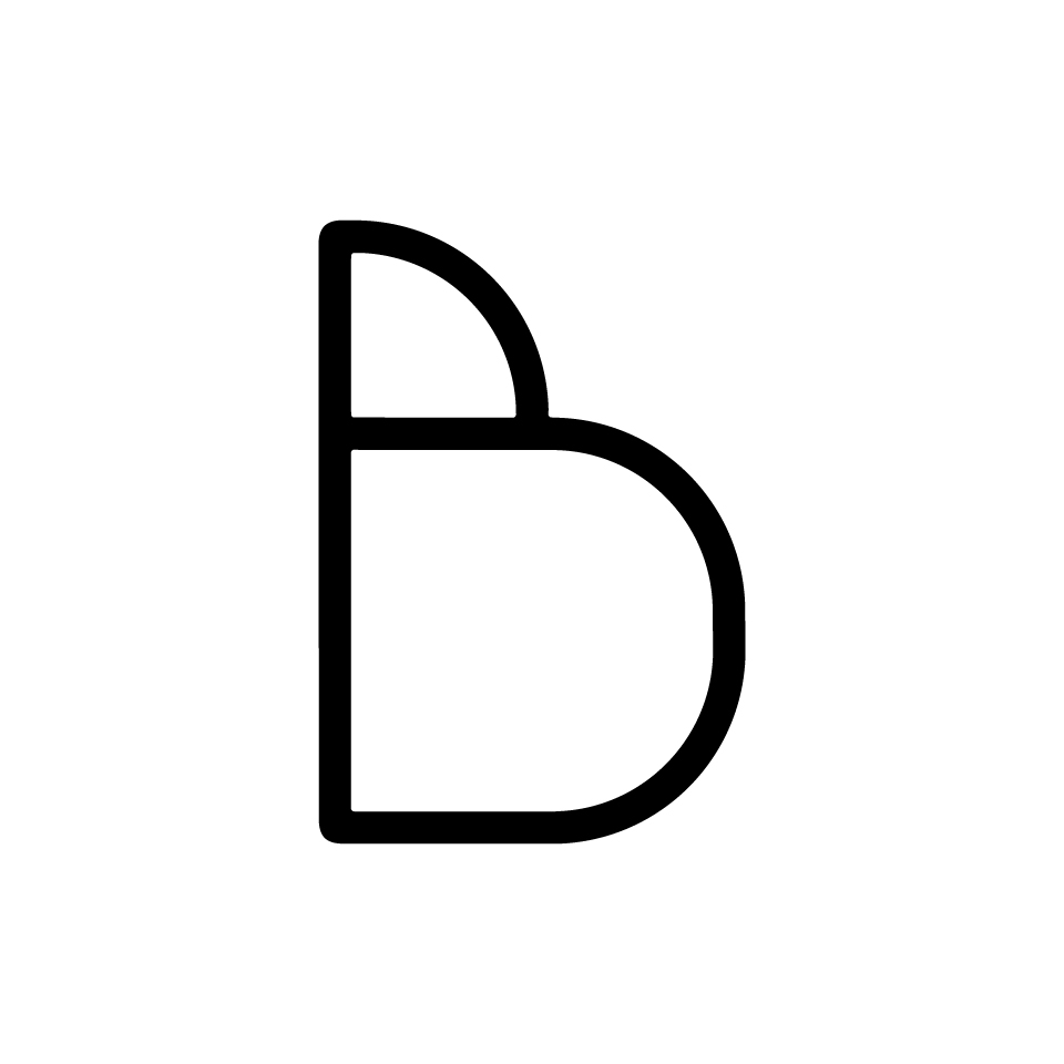 Artemide Alphabet of Light: lettera minuscola 'b' in stile minimalista con contorno nero su sfondo bianco
