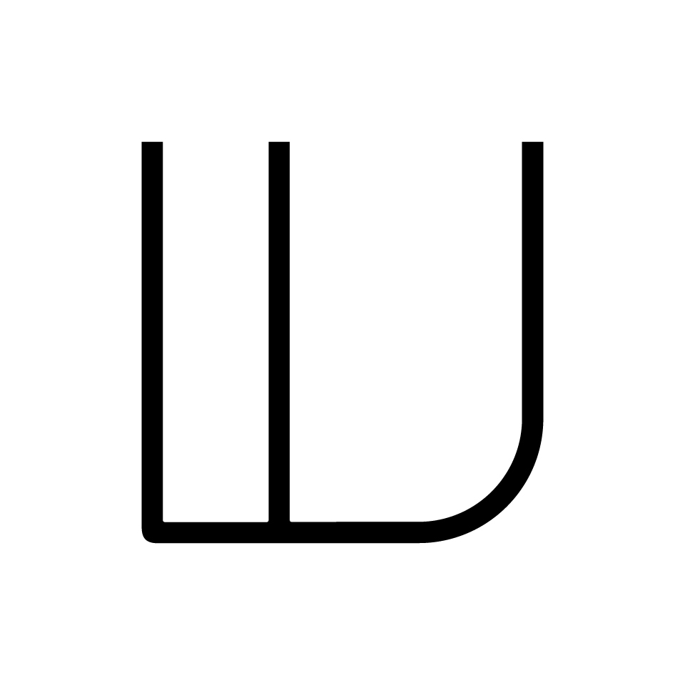 Artemide Alphabet of Light Mini: lettera W formata da linee geometriche, un lato con angolo arrotondato, in nero su sfondo bianco