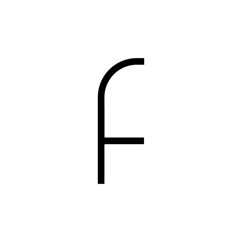 Artemide Alphabet of Light: lettera maiuscola F in linee nere sottili con angolo superiore arrotondato, elemento tipografico decorativo