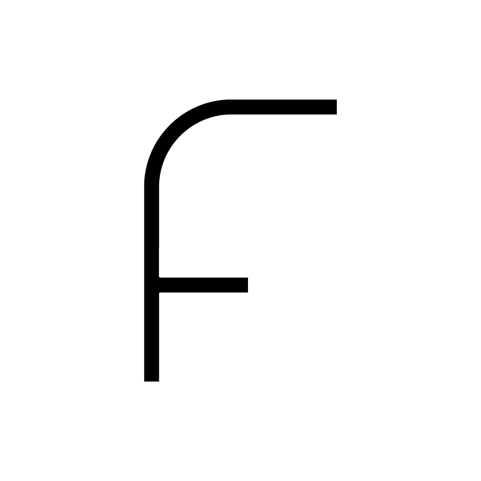 Artemide Alphabet of Light: lettera maiuscola F, realizzata in linee nere spesse con angolo arrotondato, design minimalista