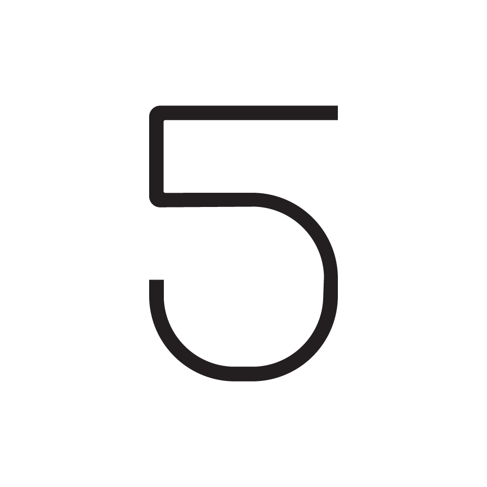Numero 5 della collezione Alphabet of Light di Artemide, design minimalista a linea sottile in nero su sfondo bianco