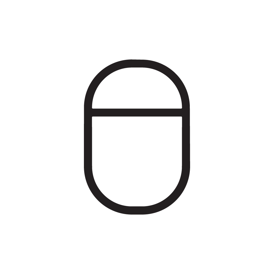 Artemide Alphabet of Light: icona minimalista della lettera O, contorno a forma di capsula con linea orizzontale divisoria, nero su bianco