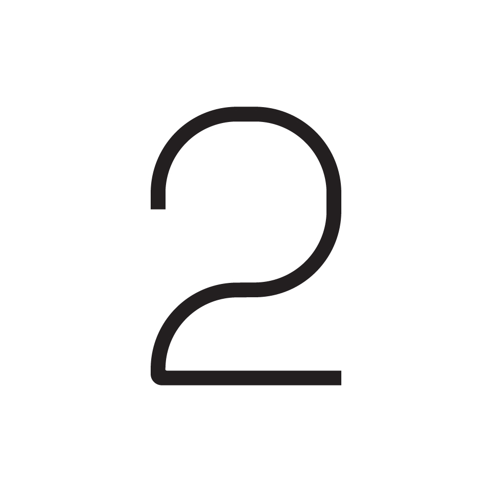 Numero 2 della collezione Alphabet of Light di Artemide, cifra minimalista in sottili linee scure su sfondo bianco