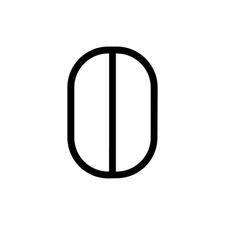 Artemide Alphabet of Light Mini: lettera O, contorno ovale con linea verticale centrale, design minimalista a linee nere su sfondo bianco