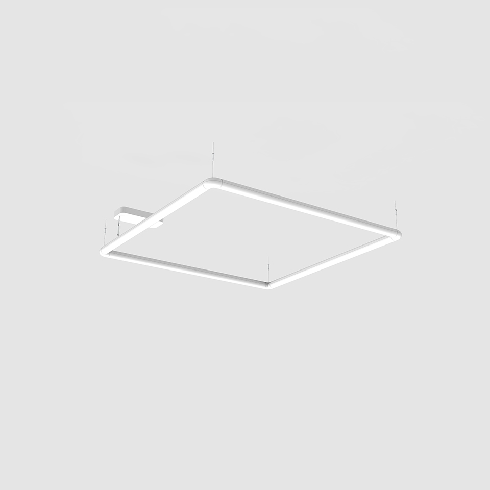 Artemide Alphabet of Light Square pendant lamp, white rectangular LED frame suspended from ceiling by thin cables