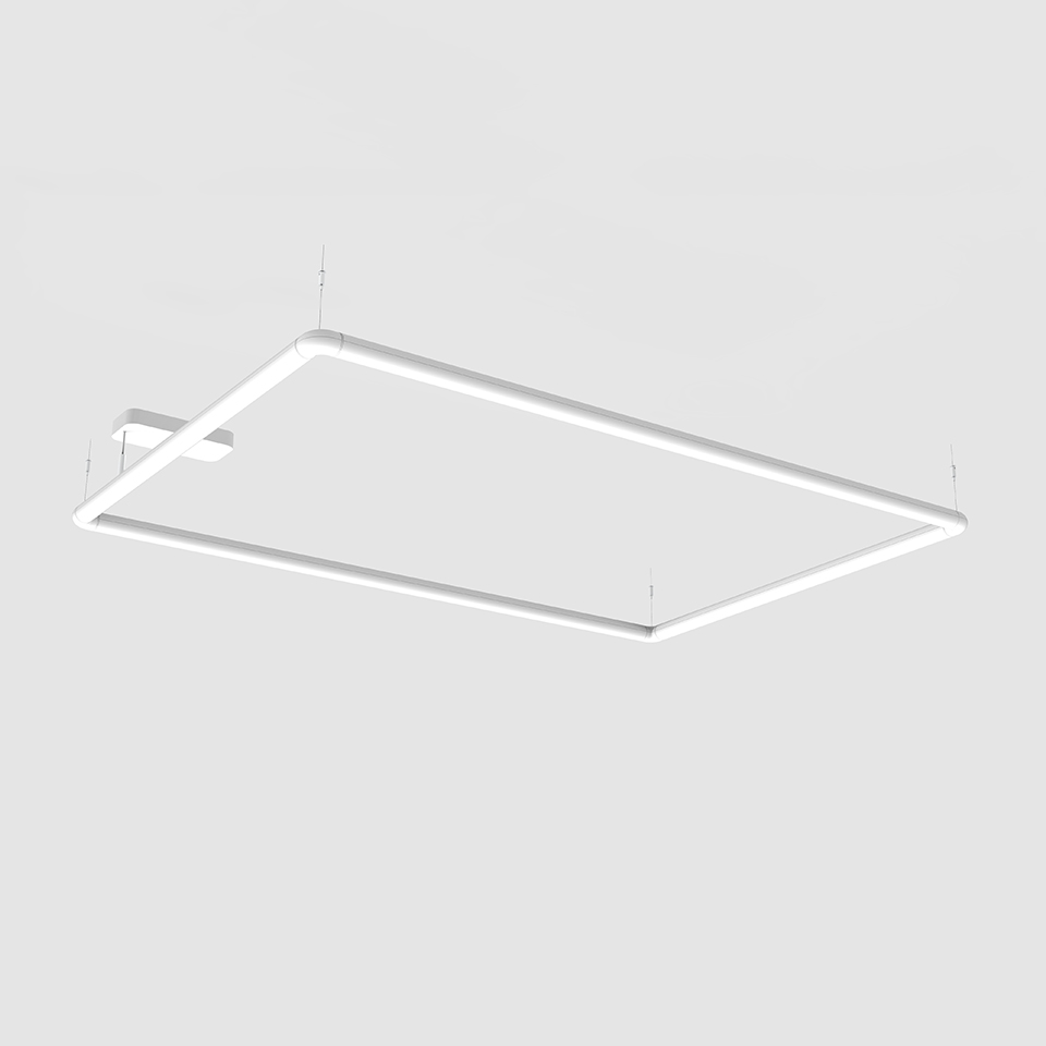 Artemide Alphabet of Light rectangular pendant lamp, white frame with continuous LED light strip, suspended from ceiling by thin cables