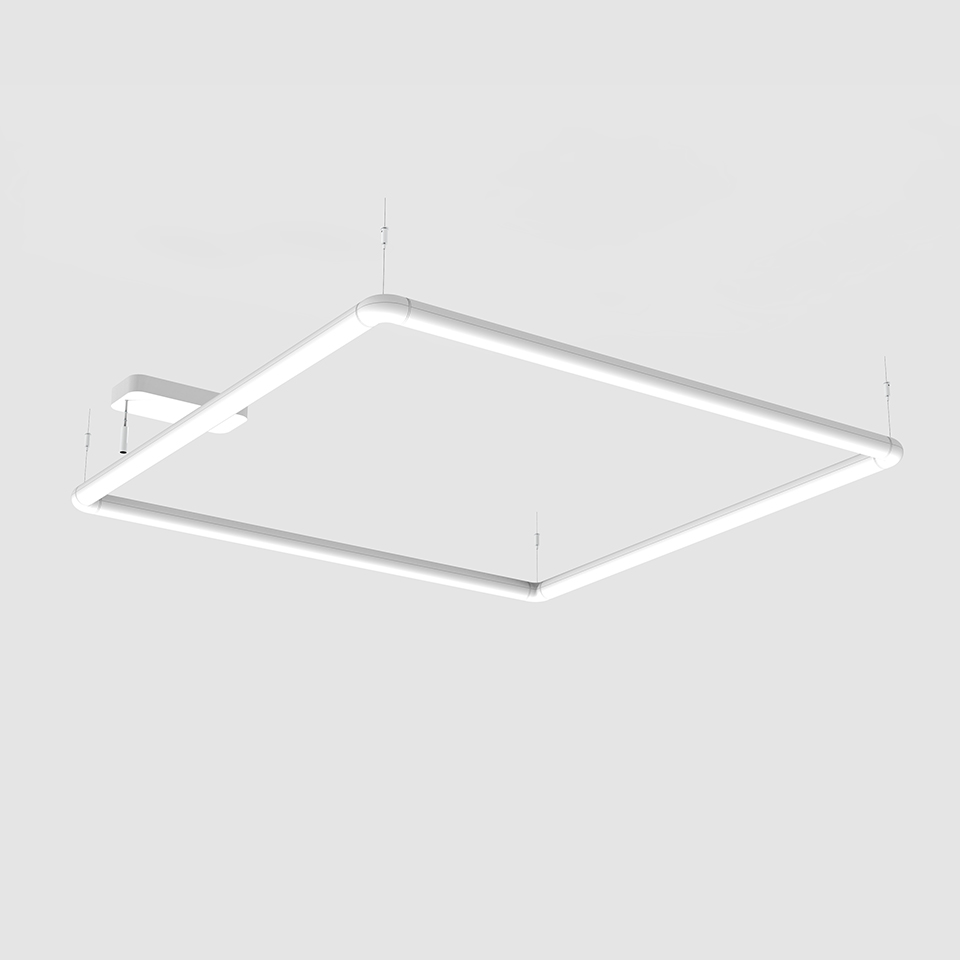 Artemide Alphabet of Light Square pendant lamp in white, featuring a luminous square frame with rounded corners, suspended from ceiling