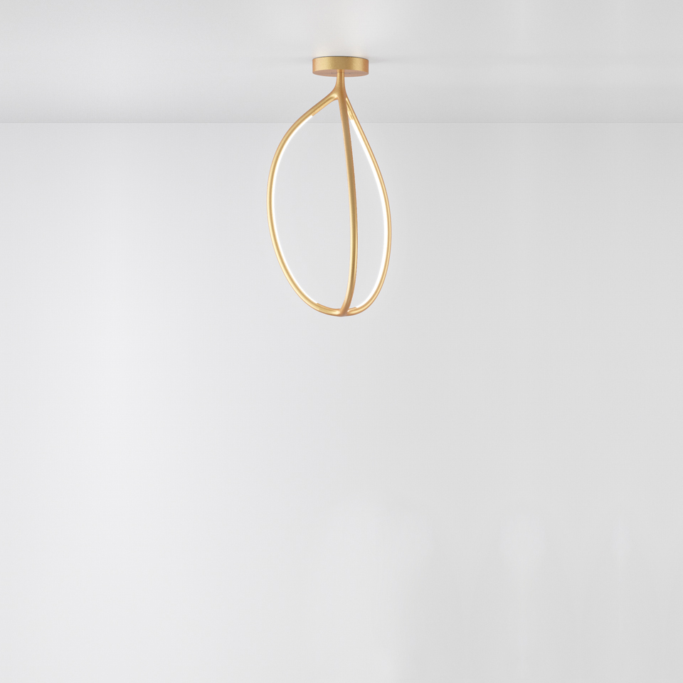 Lampada da soffitto Artemide Arrival in oro, con un elegante anello LED ovale ad anello montato a filo del soffitto
