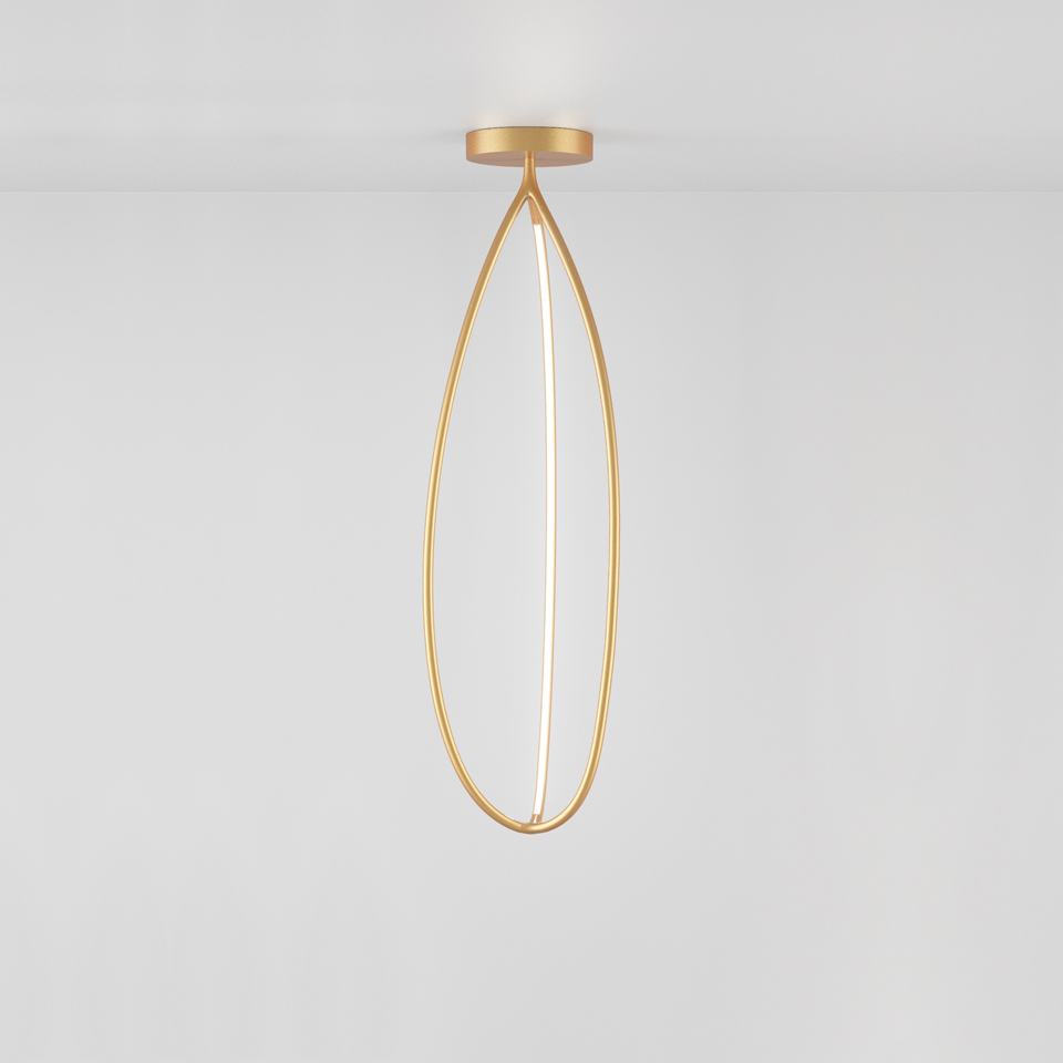 Lampada da soffitto Artemide Arrival: struttura metallica dorata a goccia allungata con striscia LED integrata, montata a soffitto