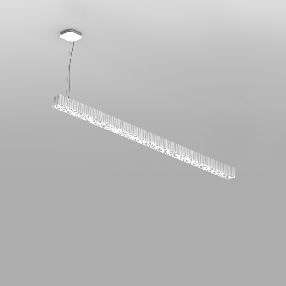 Lampada a sospensione Artemide Calipso Linear Stand Alone: sottile corpo allungato bianco con diffusore perforato decorativo, sospeso da cavi