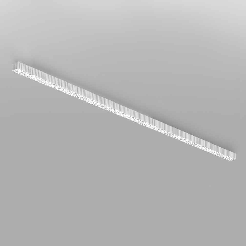 Artemide Calipso Linear Stand Alone: sottile barra LED bianca a soffitto con array di micro-lenti per un'illuminazione uniforme