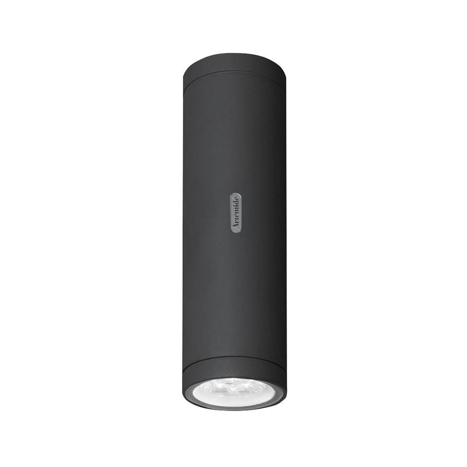 Artemide Calumet ceiling light: dark anthracite cylindrical body with LED cluster at base, surface-mounted downlight
