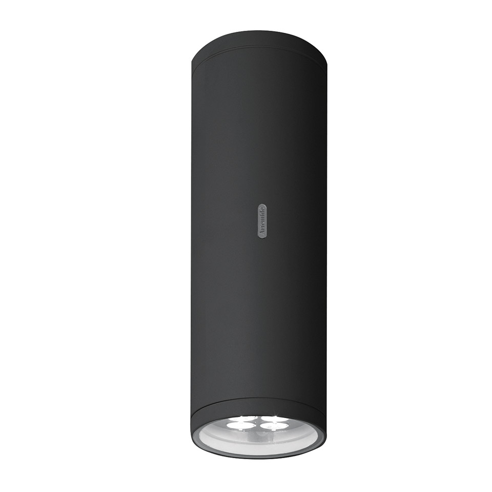 Artemide Calumet ceiling lamp: black cylindrical body with LED light source visible at the bottom opening