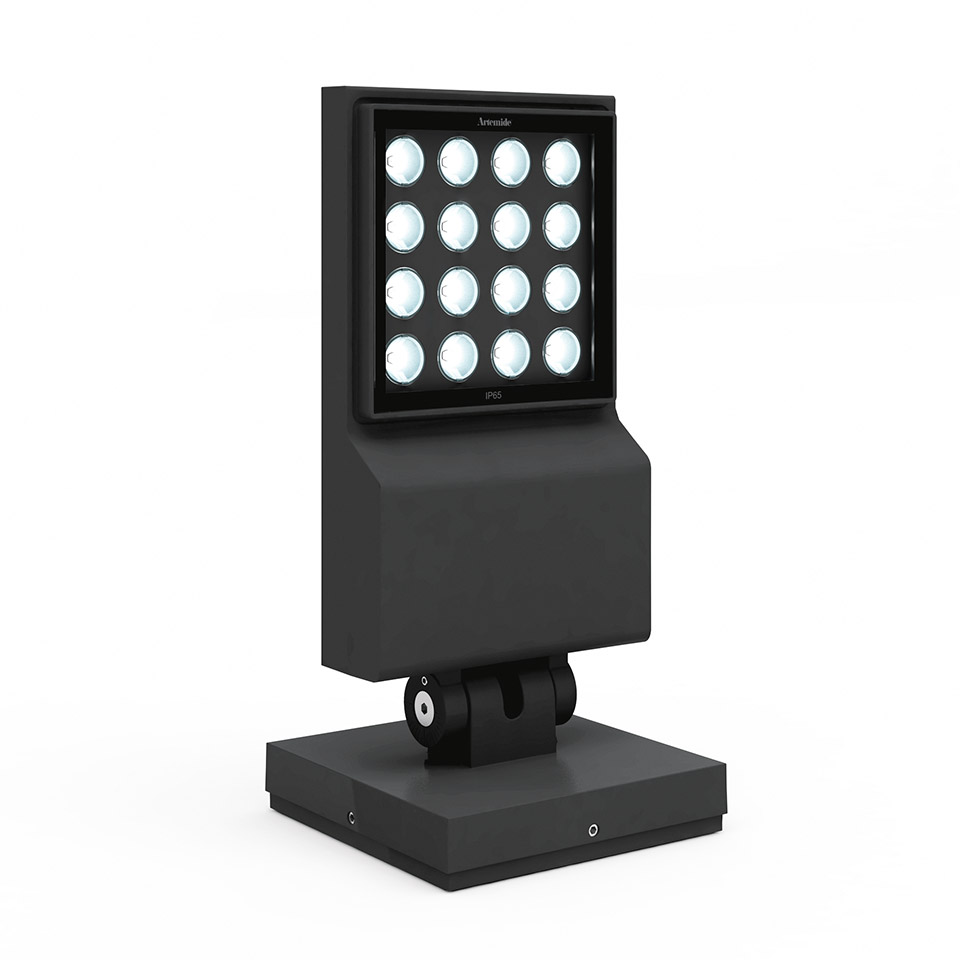 Proiettore LED da esterno Artemide Cefiso, grigio scuro, matrice LED 4x4, supporto orientabile su base quadrata
