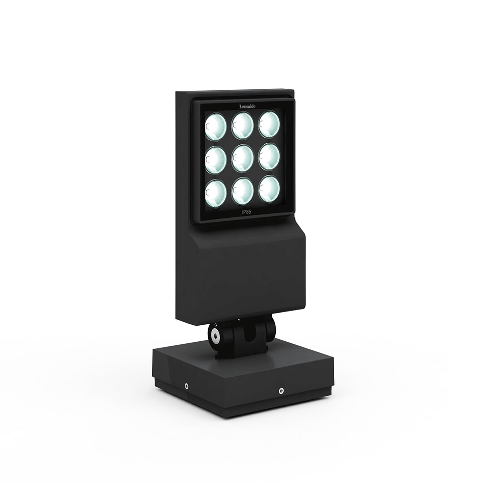 Faretto da esterno Artemide Cefiso grigio scuro con 9 ottiche LED su supporto orientabile con base quadrata