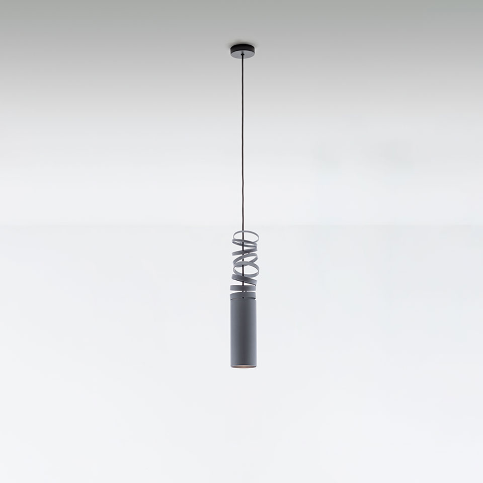 Artemide Decomposé Light pendant: dark grey cylindrical body with decorative spiral wire coil accent, suspended by black cord - 2