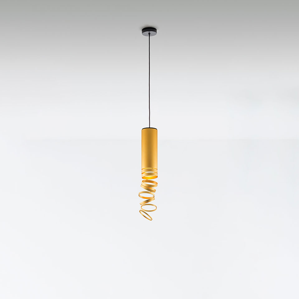 Artemide Decomposé Light pendant lamp in gold, featuring a cylindrical body with a descending spiral coil, suspended by a black cord - 2