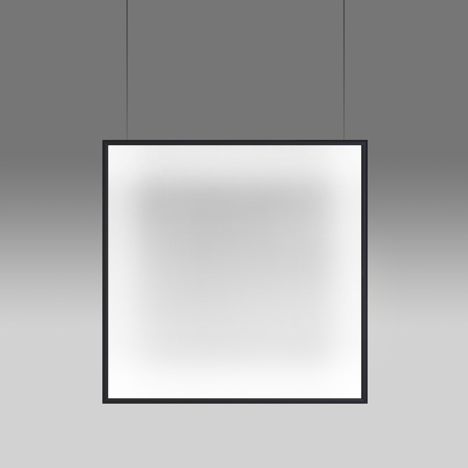 Lampada a sospensione quadrata Artemide Discovery Space con sottile cornice nera e ampio pannello opalino bianco diffuso, sospesa da due cavi