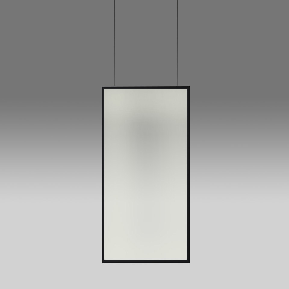 Lampada a sospensione Artemide Discovery Space: cornice rettangolare nera con pannello opalino diffuso, sospesa da due sottili cavi