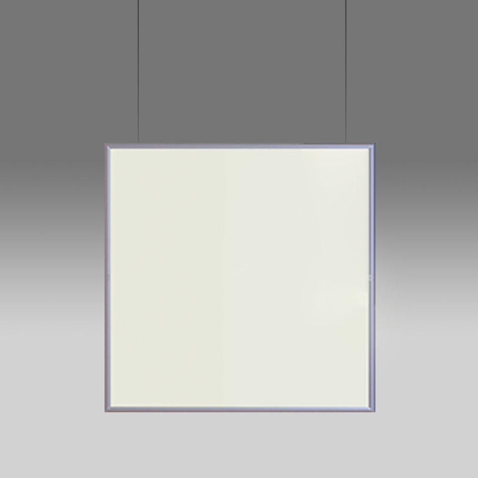 Lampada a sospensione Artemide Discovery Space: grande pannello luminoso quadrato con sottile cornice argento, sospeso da due cavi, emette luce bianca calda