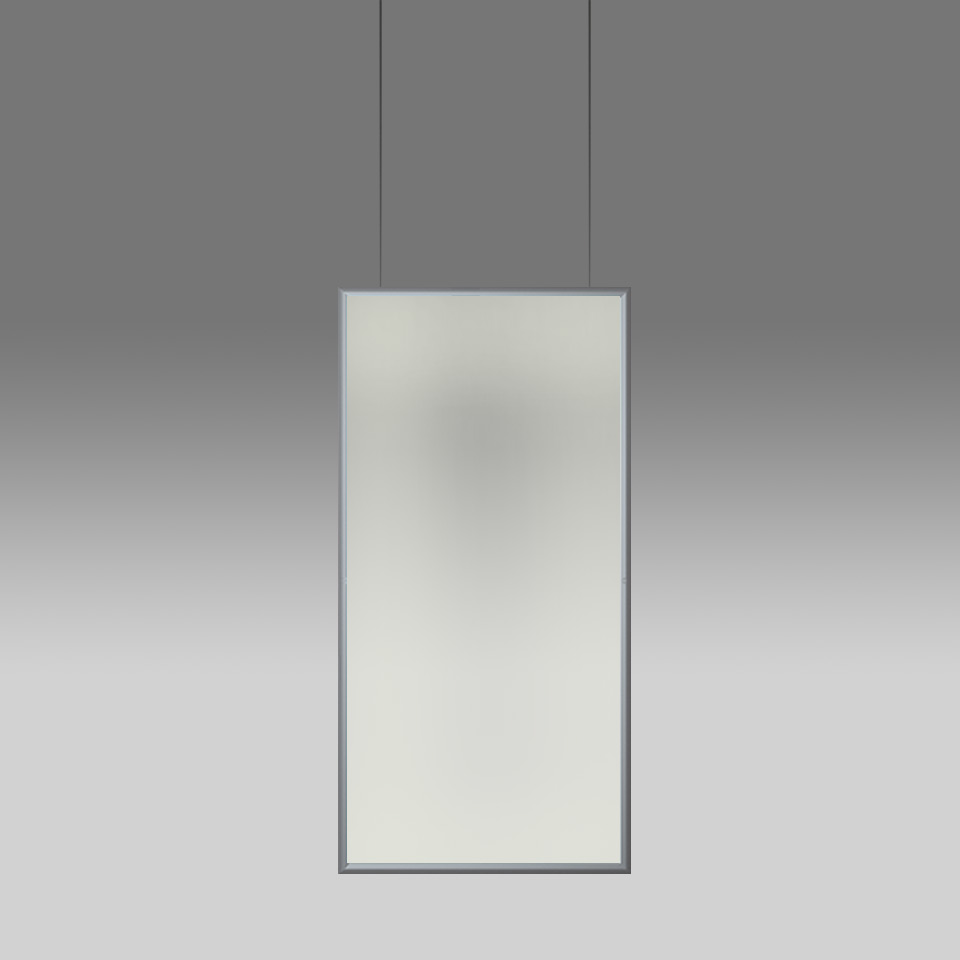 Lampada a sospensione Artemide Discovery Space: grande diffusore rettangolare opaco in sottile cornice in alluminio, sospesa da due cavi sottili