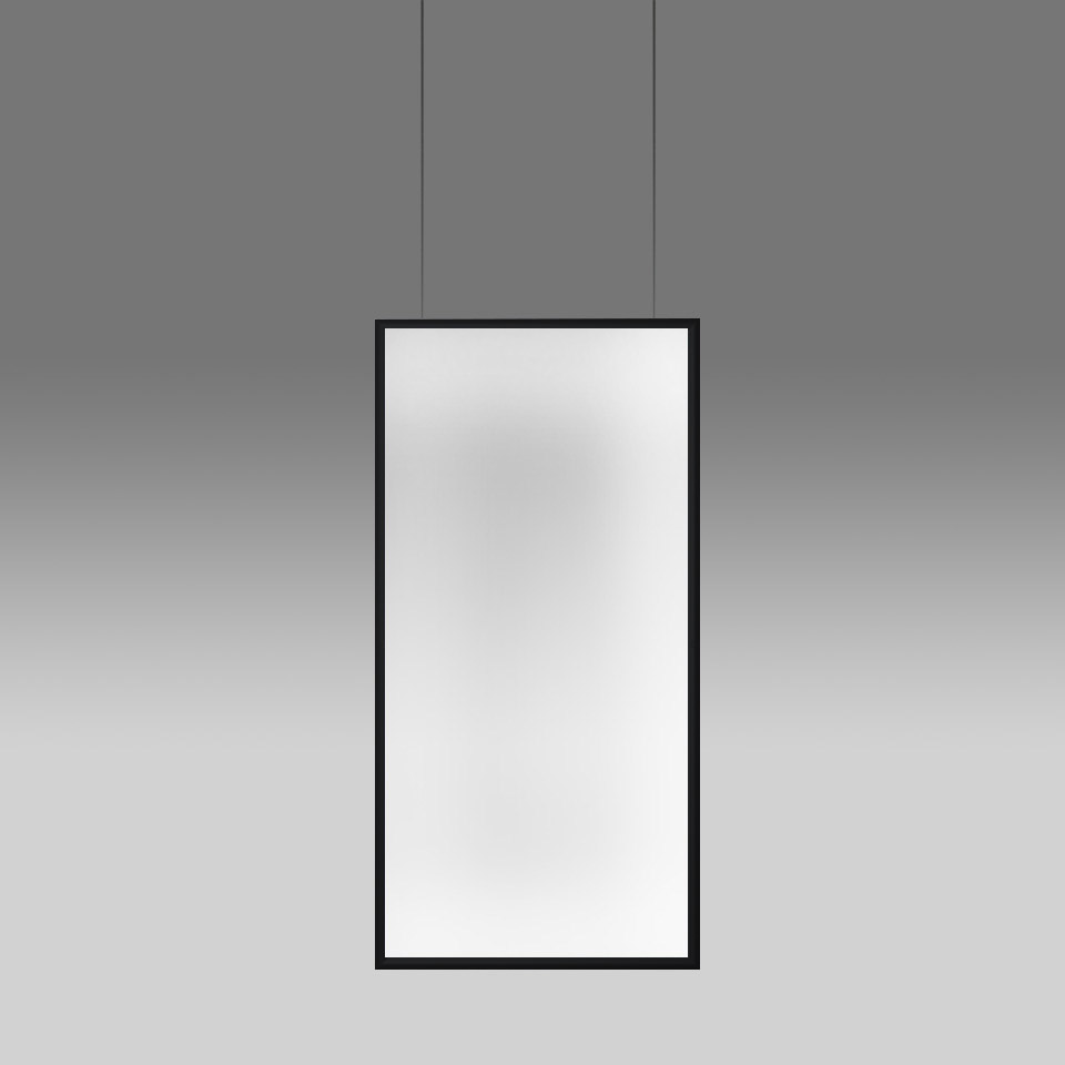 Lampada a sospensione Artemide Discovery Space: pannello LED rettangolare con cornice nera sospeso da due cavi, emette luce diffusa morbida