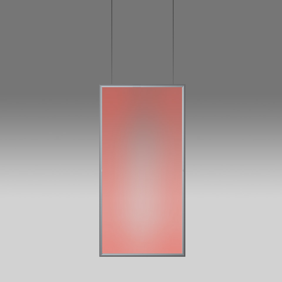 Lampada a sospensione Artemide Discovery Space: grande pannello luminoso rettangolare che emette luce rosa-rossa calda, sospeso da due sottili cavi