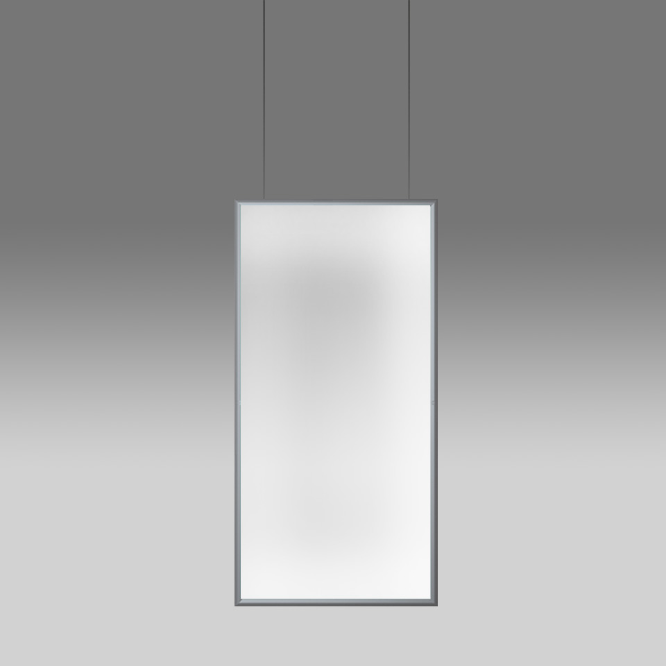Lampada a sospensione Artemide Discovery Space: grande pannello LED rettangolare con diffusore bianco e sottile cornice in alluminio, sospesa da due cavi