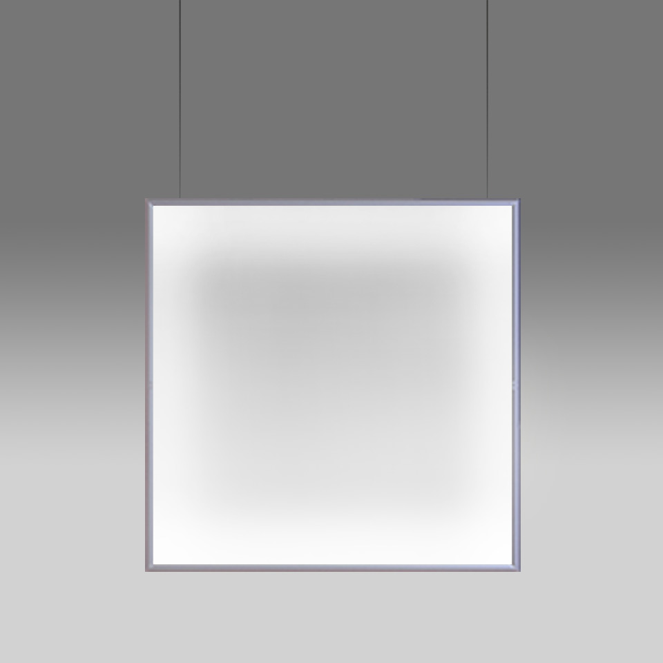 Lampada a sospensione Artemide Discovery Space: grande diffusore quadrato con sottile cornice in alluminio, emette luce bianca uniforme e soffusa, sospesa da due cavi