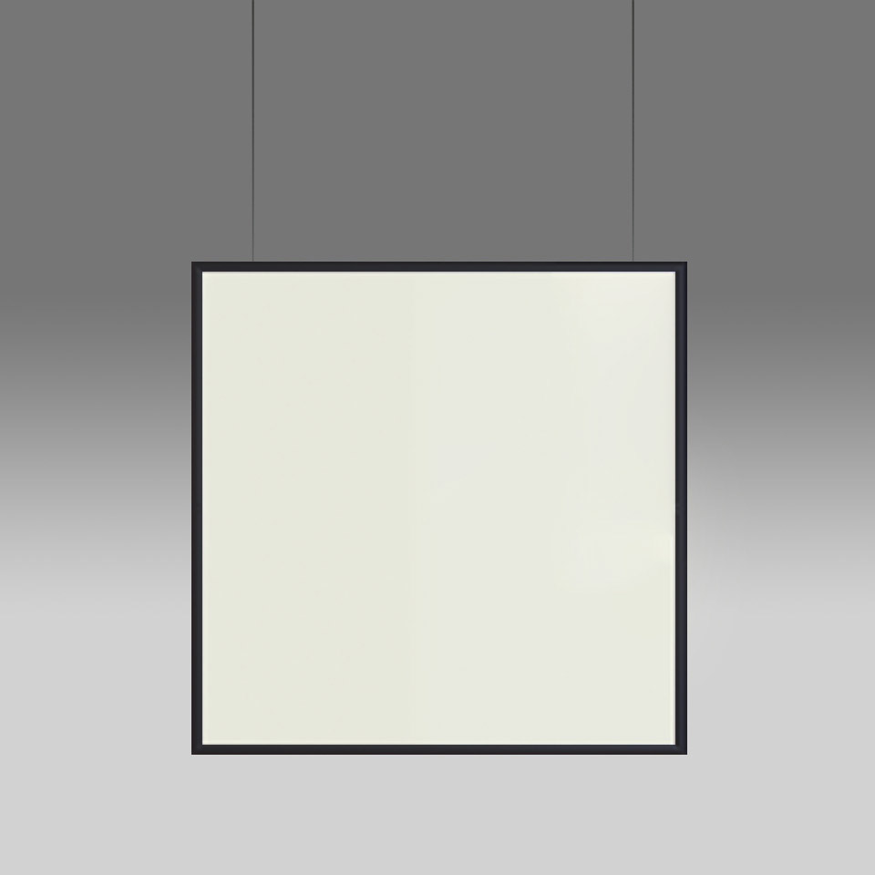 Lampada a sospensione quadrata Artemide Discovery Space con sottile cornice nera e ampio pannello diffusore bianco luminoso, sospesa da due cavi
