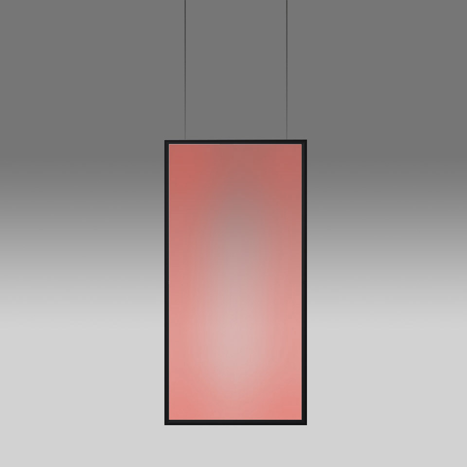 Lampada a sospensione Artemide Discovery Space con cornice rettangolare nera che emette luce diffusa rosa-rossa calda, sospesa da due cavi