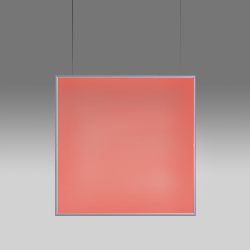 Lampada a sospensione quadrata Artemide Discovery Space che emette luce rosso-rosa calda, sospesa da due cavi con sottile cornice in alluminio