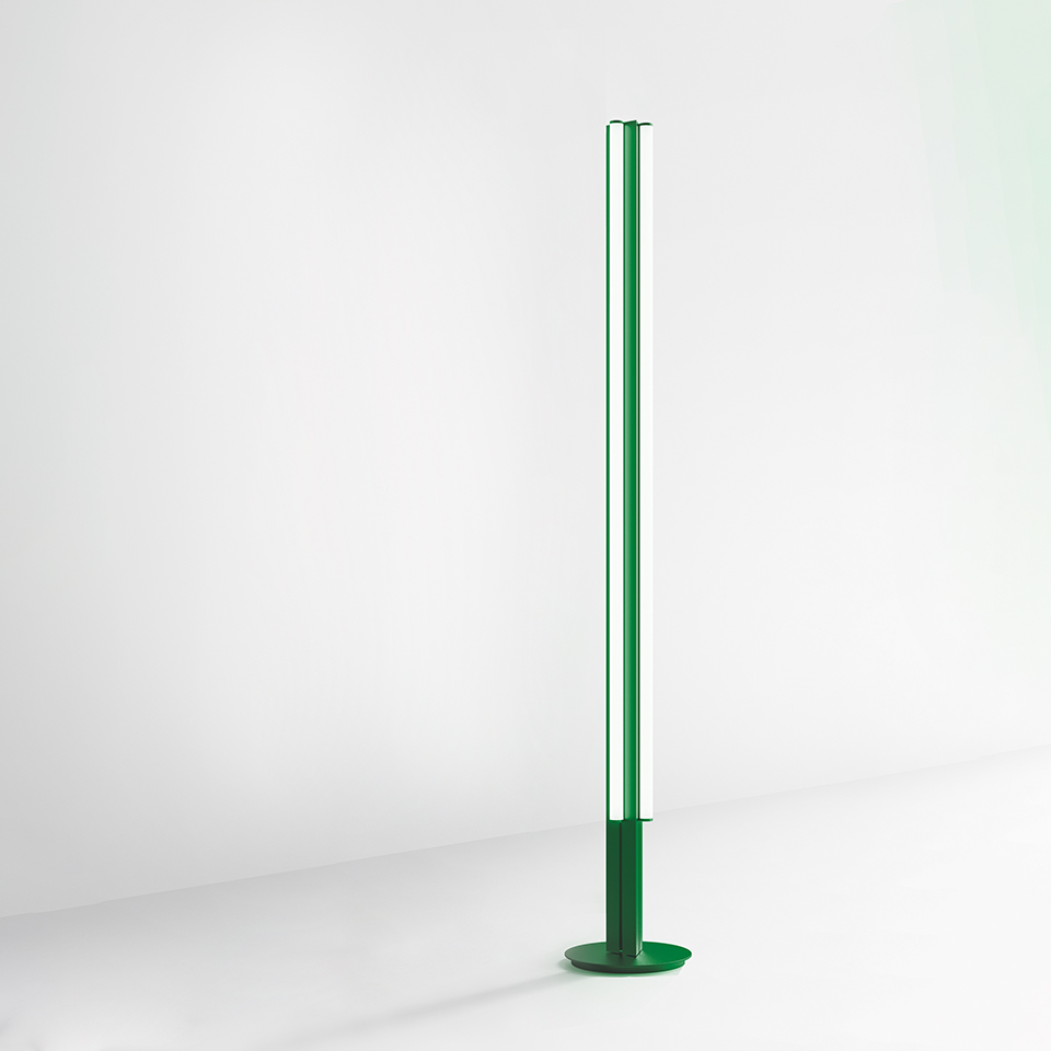 Artemide Dreispitz green floor lamp: slim vertical LED tube on circular base, minimalist design in vivid green finish