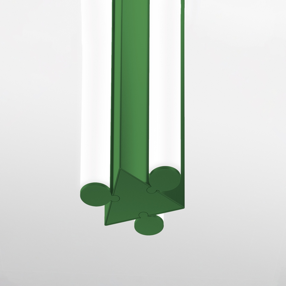 Artemide Dreispitz Outdoor: green pendant lamp with triangular diffuser and puzzle-shaped joints at the base