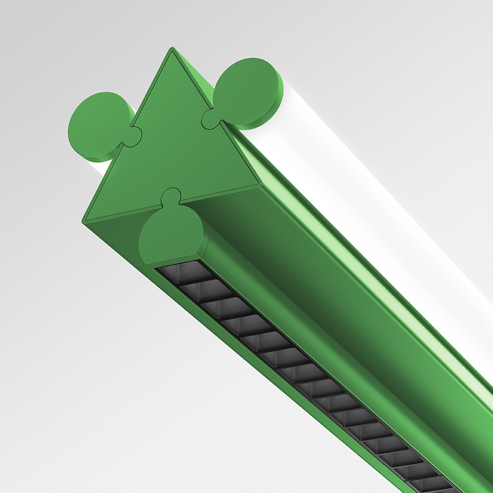 Artemide Dreispitz linear LED fixture in green, featuring triangular profile end cap, louvered diffuser, and cylindrical connectors