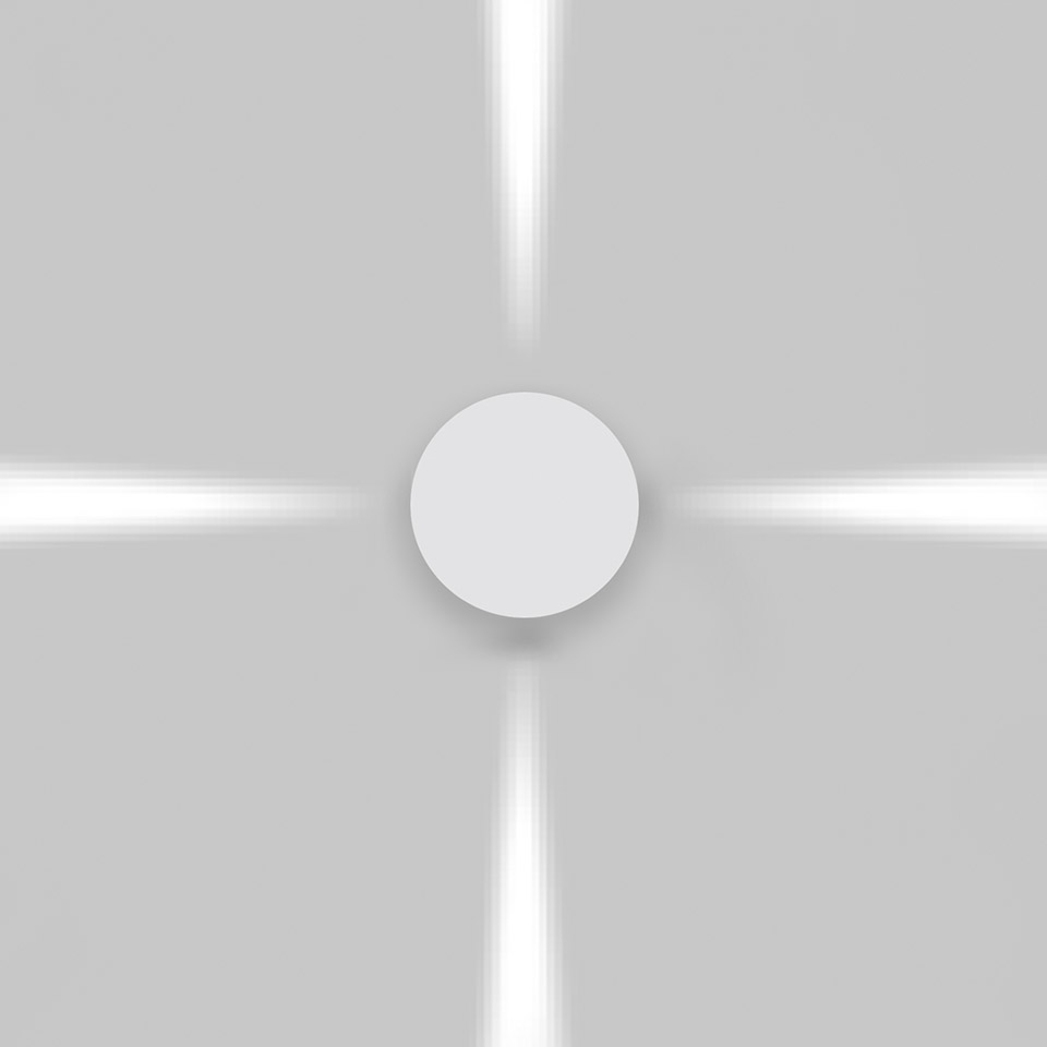 Applique Artemide Effetto che emette quattro fasci di luce direzionali verso l'alto, il basso e lateralmente da un corpo circolare bianco centrale