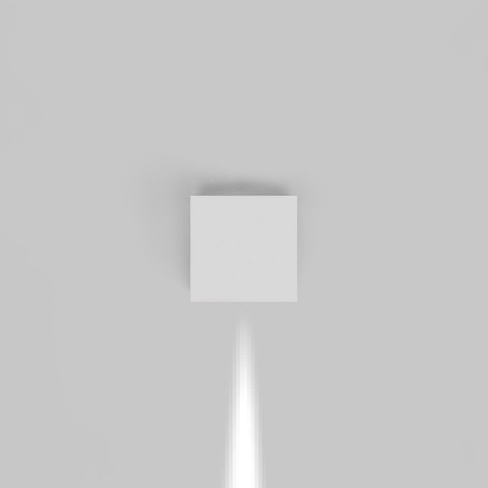 Applique da parete Artemide Effetto, corpo quadrato bianco montato a parete, emette un fascio di luce stretto verso il basso