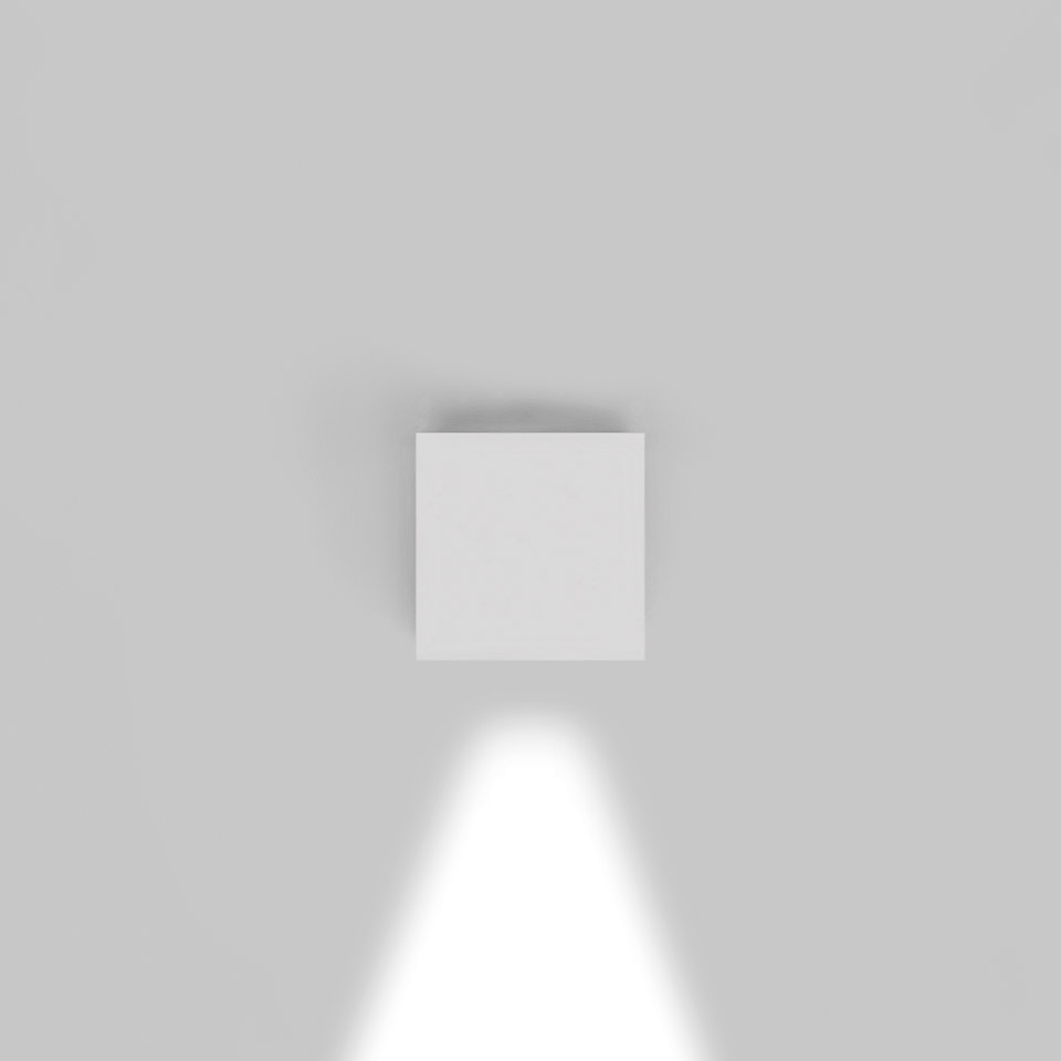 Applique da parete Artemide Effetto, corpo quadrato bianco montato a parete, emette un fascio di luce diretto verso il basso