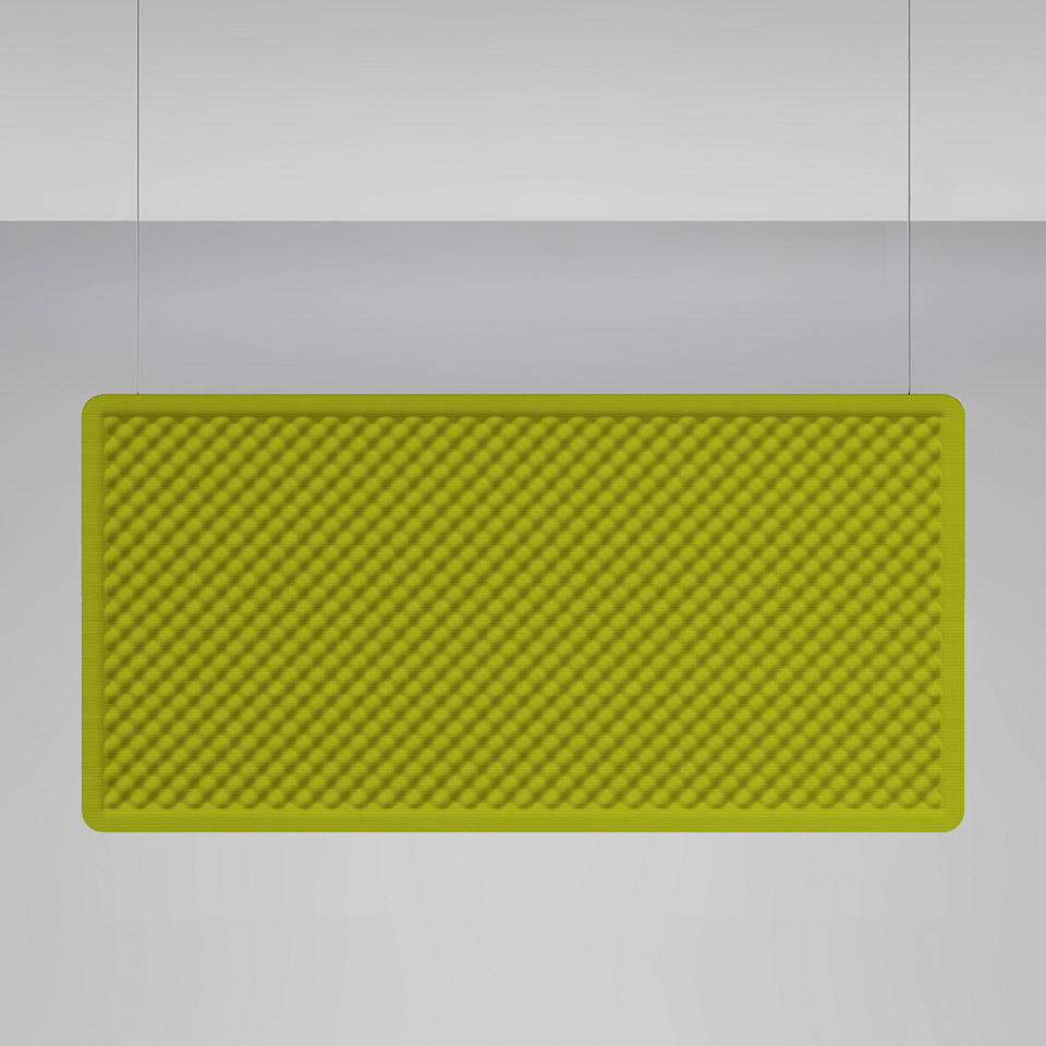 Lampada a sospensione Artemide Eggboard Baffle in giallo-verde, forma rettangolare con diffusore acustico a griglia, sospesa da due cavi