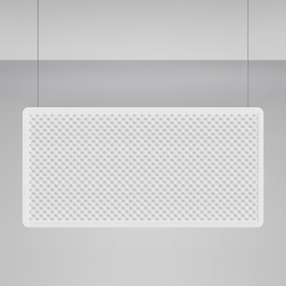 Lampada a sospensione Artemide Eggboard: grande diffusore rettangolare bianco con motivo acustico a griglia, sospeso da due cavi