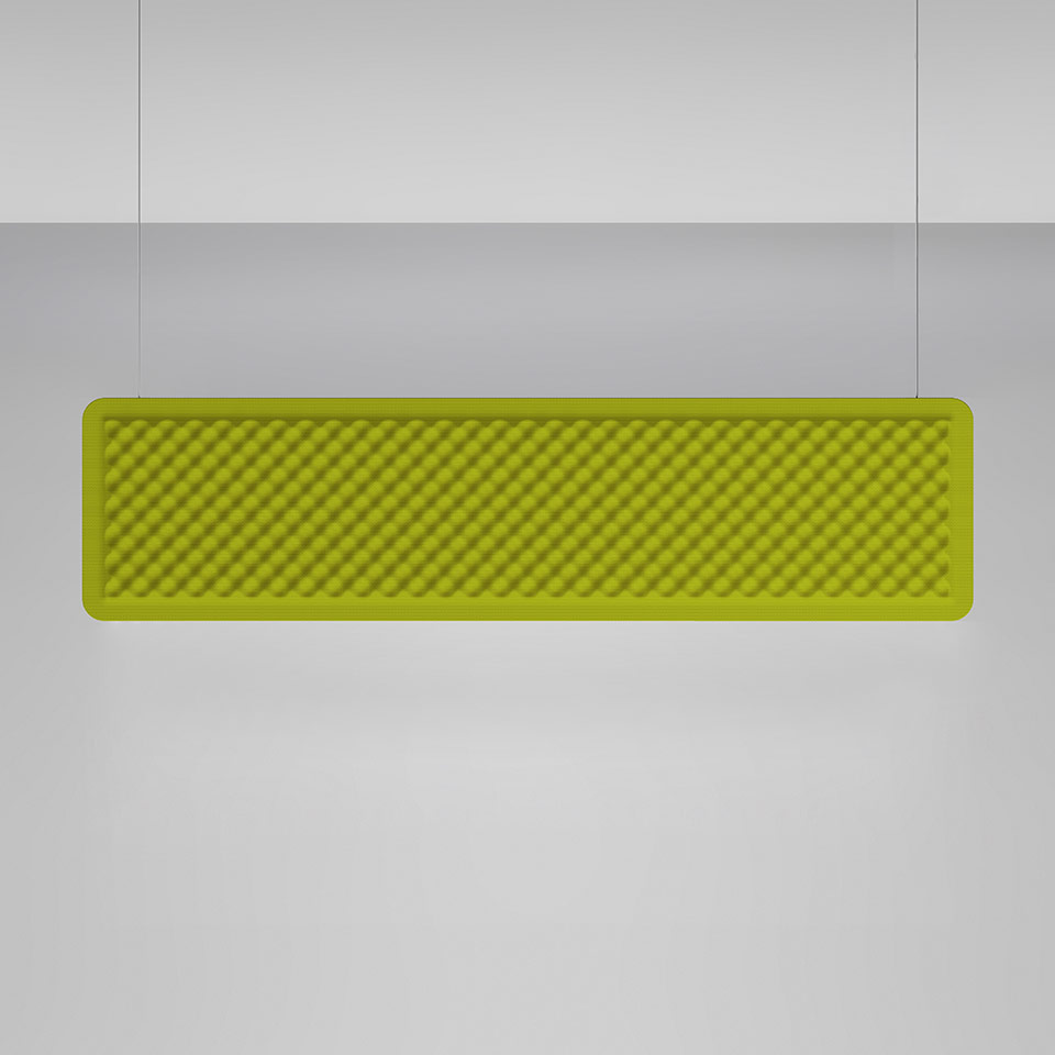 Lampada a sospensione Artemide Eggboard Baffle verde lime, forma rettangolare con texture acustica a nido d'uovo, sospesa da due cavi