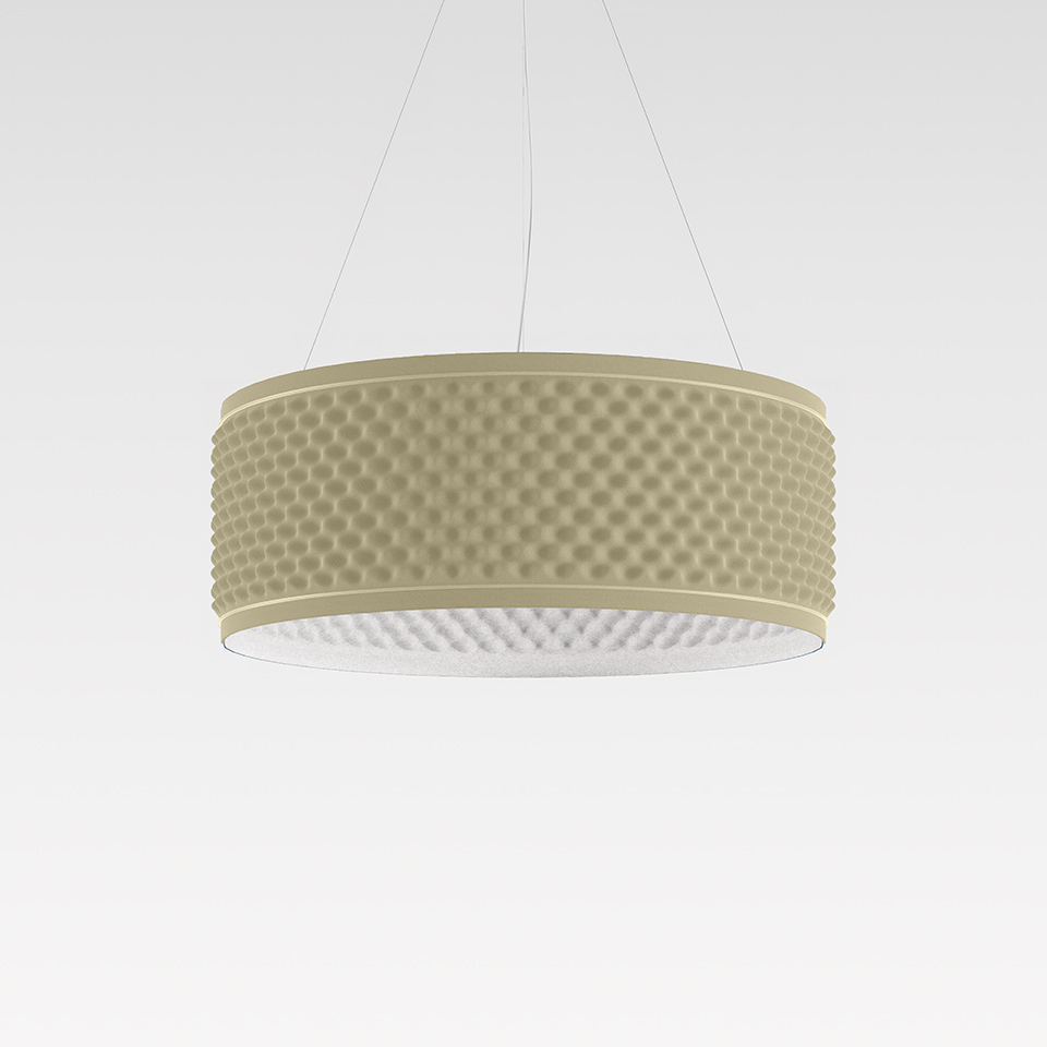 Artemide Eggboard Circle pendant lamp: cylindrical sand-colored shade with embossed egg-crate texture, suspended by thin cables