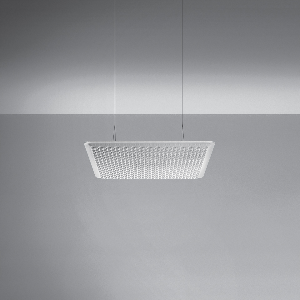 Artemide Eggboard Matrix pendant lamp: square white diffuser with egg-crate pattern suspended by two steel cables