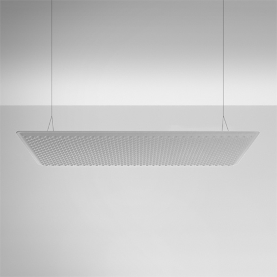 Artemide Eggboard Matrix pendant lamp: large rectangular white panel with egg-crate texture, suspended from ceiling by thin cables