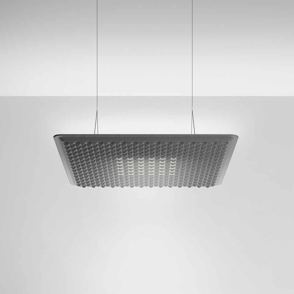 Artemide Eggboard Matrix pendant lamp: large rectangular grey diffuser with textured egg-crate pattern, suspended by two thin cables