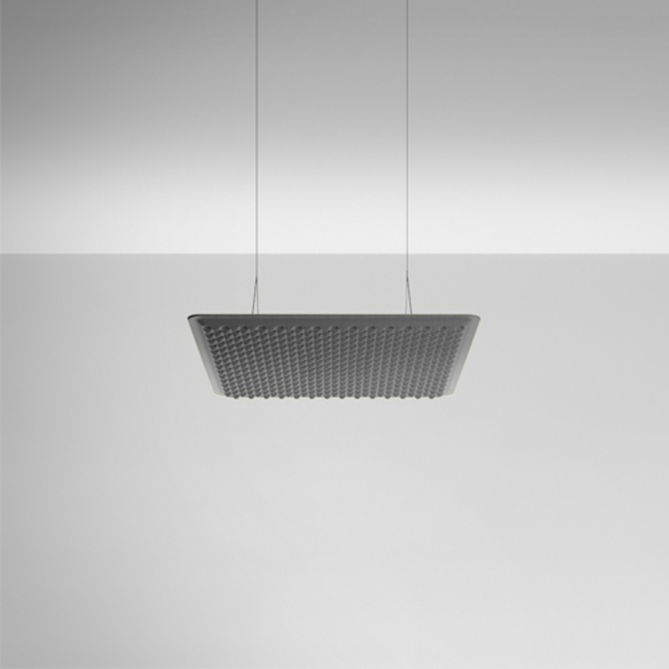 Artemide Eggboard Matrix pendant lamp: rectangular gray suspension with textured egg-crate diffuser panel, hung by two thin cables