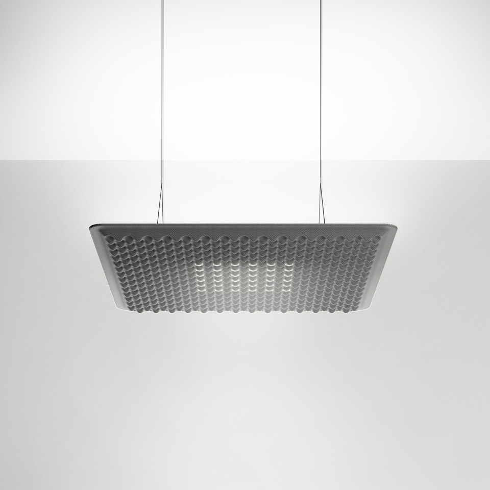 Artemide Eggboard Matrix pendant lamp: large square grey diffuser with textured egg-crate pattern, suspended by two thin cables