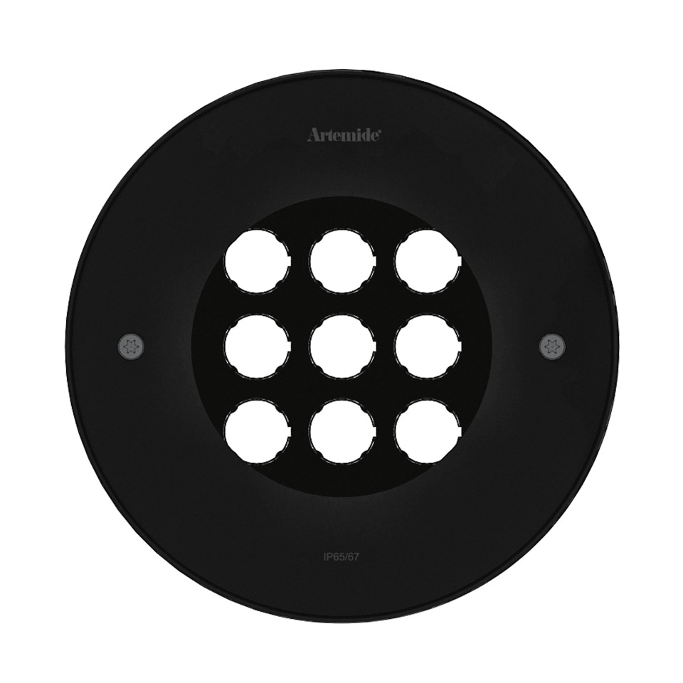Artemide Ego 220 downlight in vetro, apparecchio da incasso circolare nero con 9 aperture LED rotonde, certificazione IP65/67